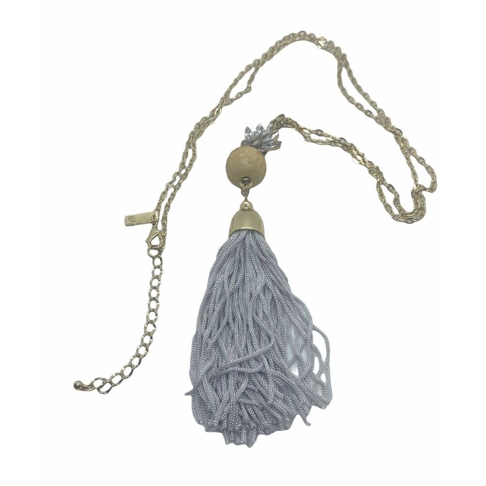 INC Gold Tone Blue Tassel & Rhinestone  Necklace